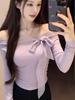 Women's Purple Mesh Lace-Up One-Shoulder Knit Top - Autumn/Winter, Slim-Fit, Off-Shoulder Long Sleeve, Stunning Pure Desire Style