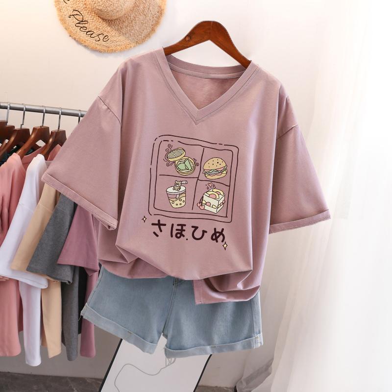 Short-sleeved T-shirt for Women, Large Size, Loose and Slimming, Printed V-neck Top