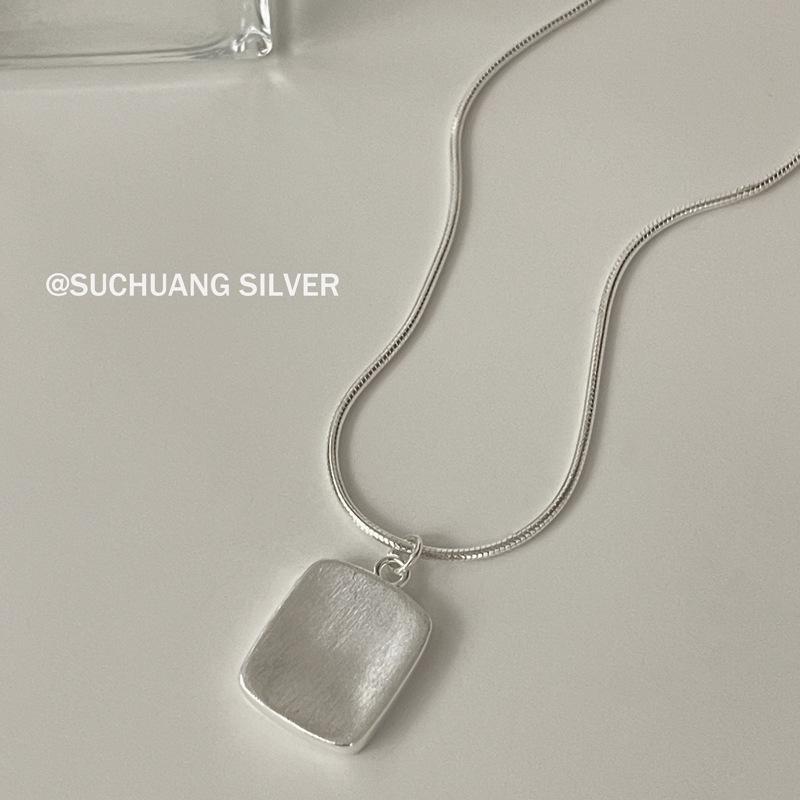 S925 Sterling Silver Square Brushed Snake Bone Necklace - Korean Style, Layered Design, Simple Clavicle Chain for Girls 925 Silver
