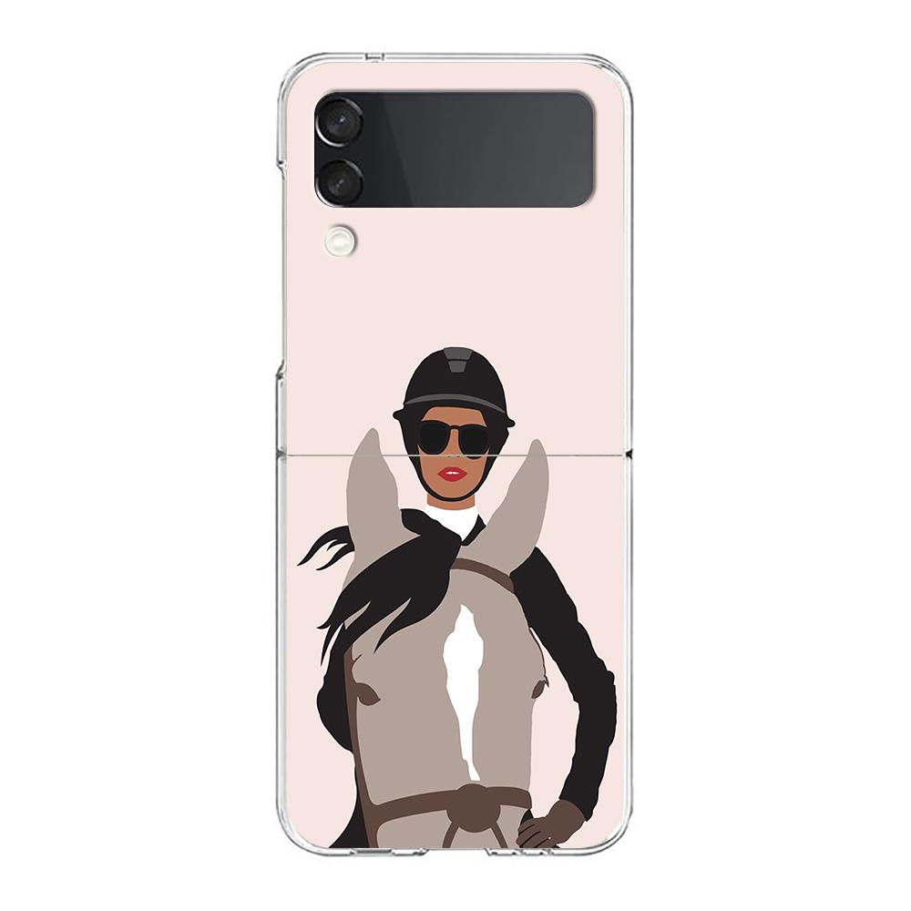 Case For Samsung Galaxy Z Flip 3 4 5 Transparent Fold Hard PC Shell For Galaxy Z Flip 3 5 Cover Galloping Horse Girl Drawing