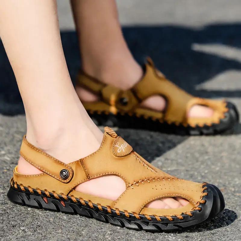 Fashion Male Slipper Slides Flat Genuine Leathe Beach Men's Shoe Rubber Clappers 2025 Y2k Fun Casual Comfortable Low Price Elegant Style