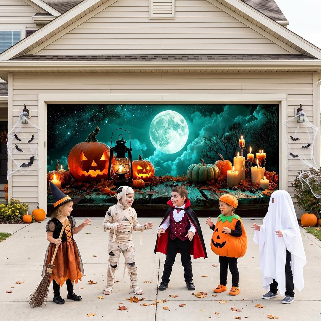 7x16Ft Halloween Garage Door Cover, Halloween Outdoor Decorations Backdrop