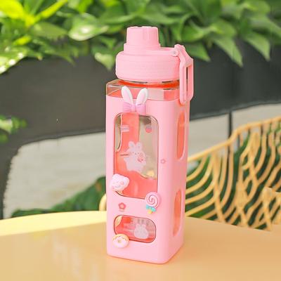 Kawaii Pastel Straw Bottle New Transparent Square Cute Water Bottles Large Capacity Travel Outdoor Sport Cycling Bottle BPA Free