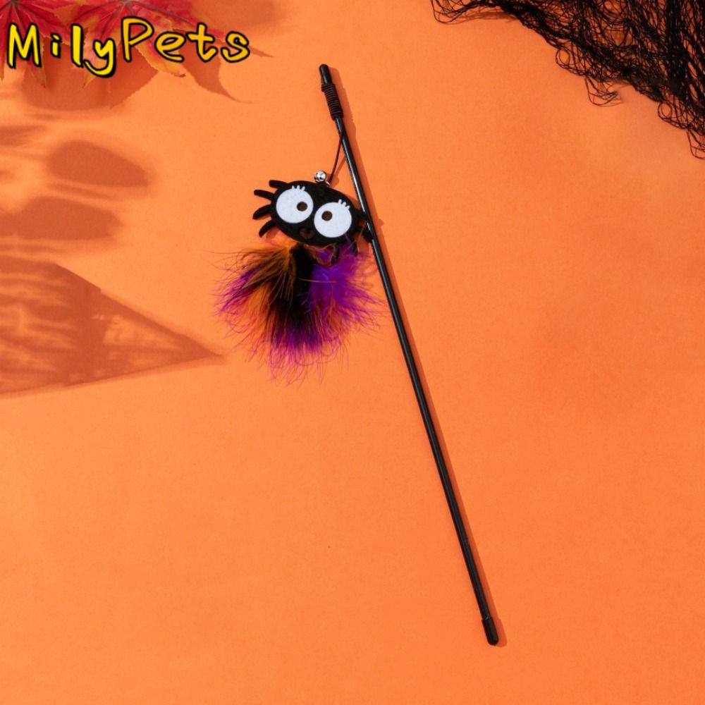 Cat Accesories Decorative Halloween Cat Teaser Stick Feather with Bells Cat Wand Toy Plush Cat Teaser Wand Halloween