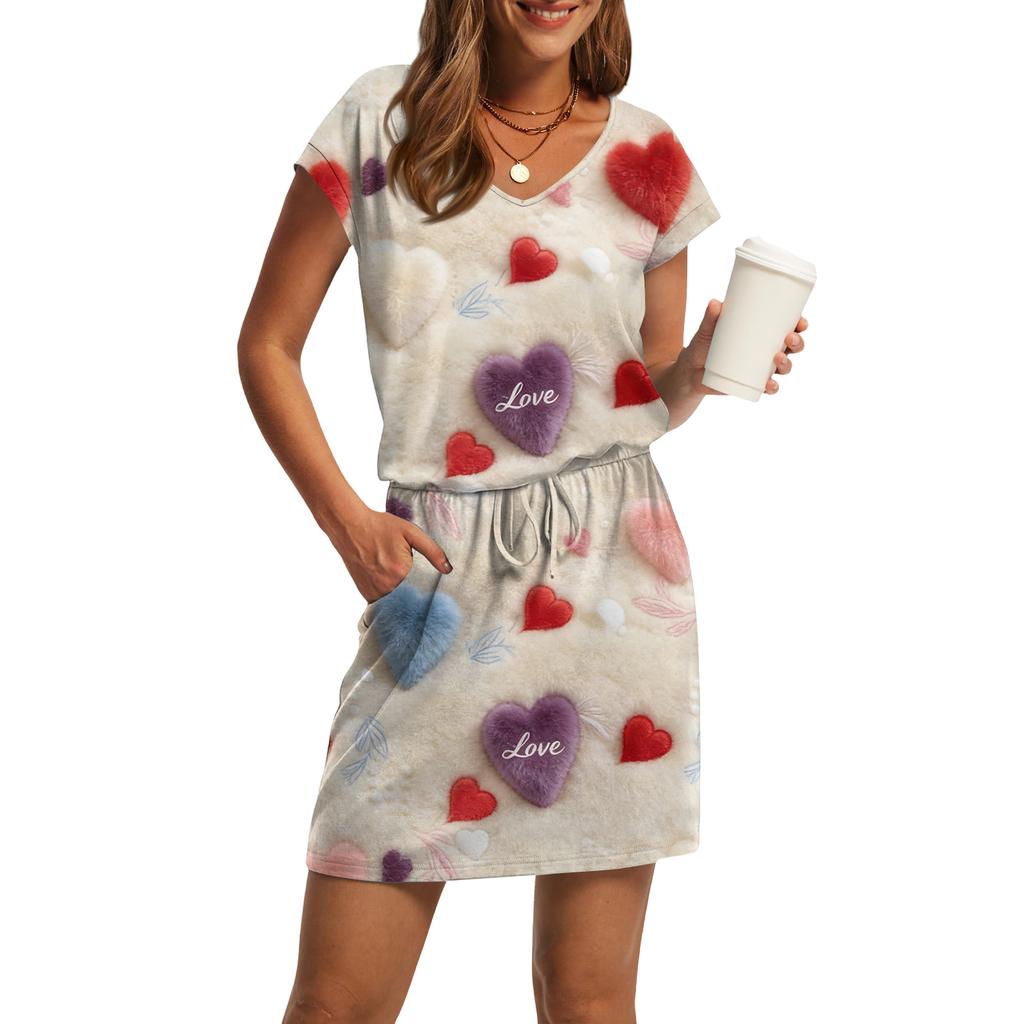 Women's V,Neck Short,Sleeve Drawstring Pocket Valentine's Day Print Casual Dress