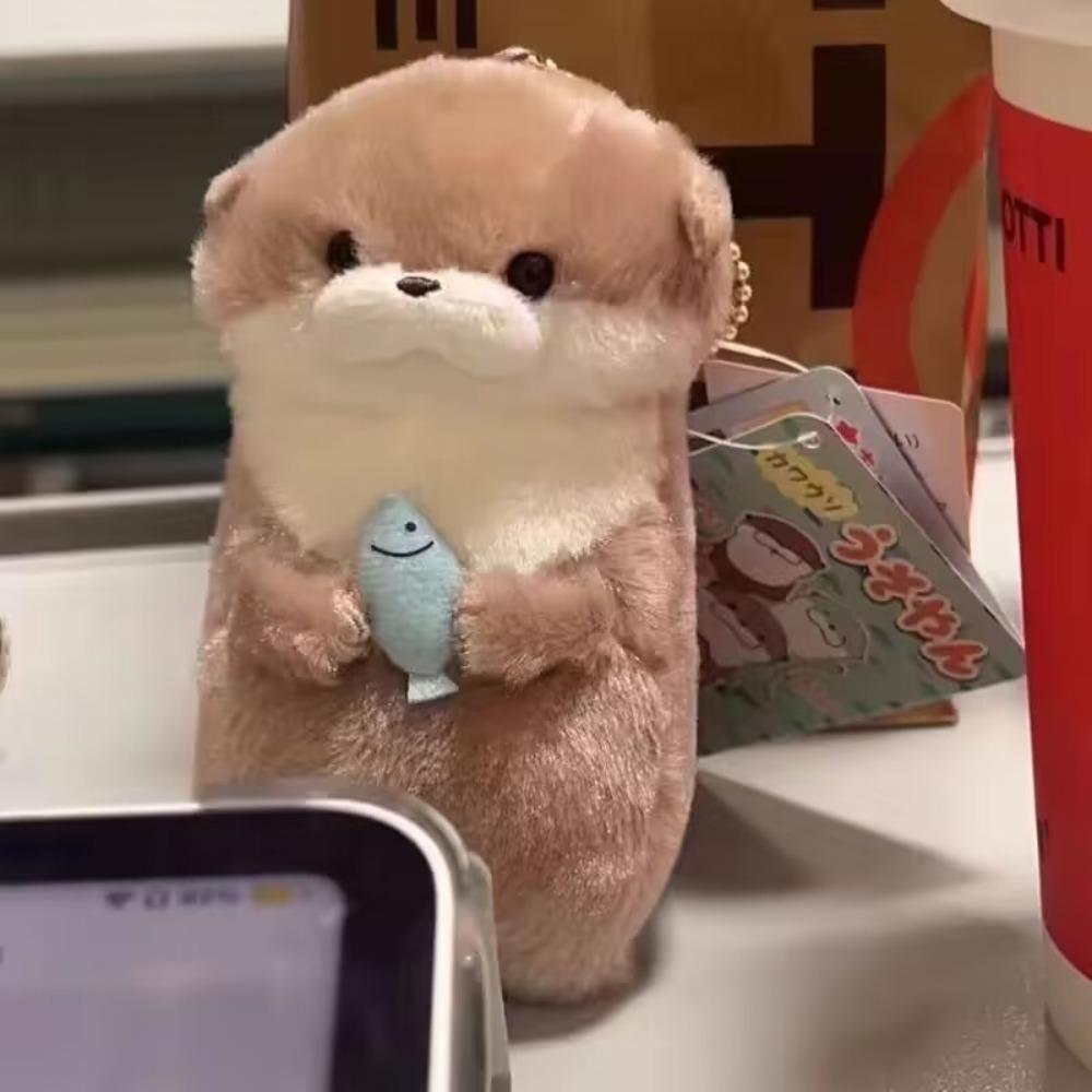 Cute Otters Holding Fish Plush Doll Keyrings Lightweight Hanging Pendant Props For School Bag Key Wallet Doll Toy Gifts 11cm