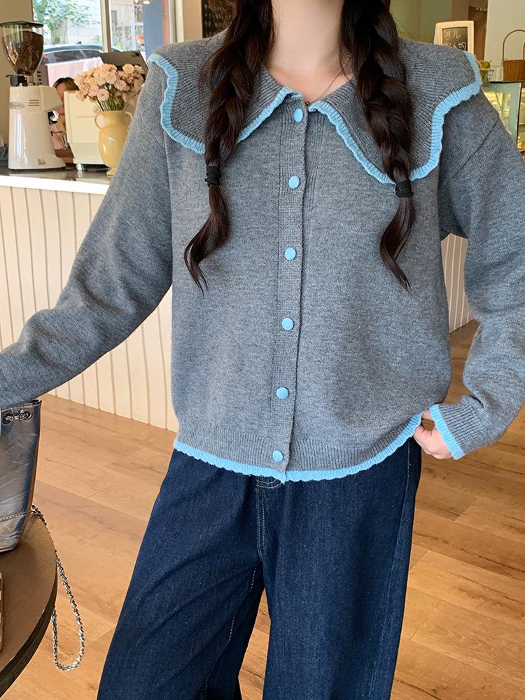 2026 Autumn Women's Plus Size Sweet Color Block Knit Top with Doll Collar and Long Sleeves