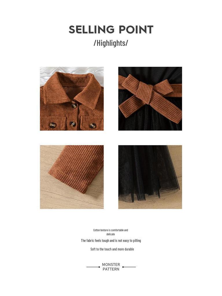 Girls' Coffee Corduroy Jacket & Dress Set - Single-Breasted Long Sleeve Top with Vest Mesh Skirt, Two-Piece.