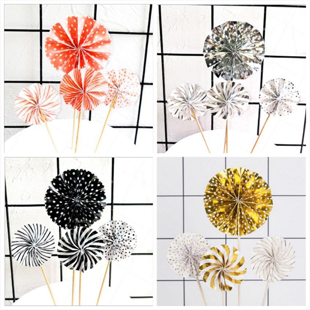 4 ks papírových vějířů, dekorace na narozeninovou oslavu, zlatá sada dortových ozdob, barevné kulaté ozdoby na dorty