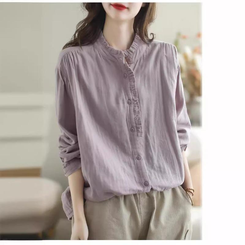 Women Stand Collar Button Front Long Sleeve Linen Shirt Loose Breathable Casual Blouse