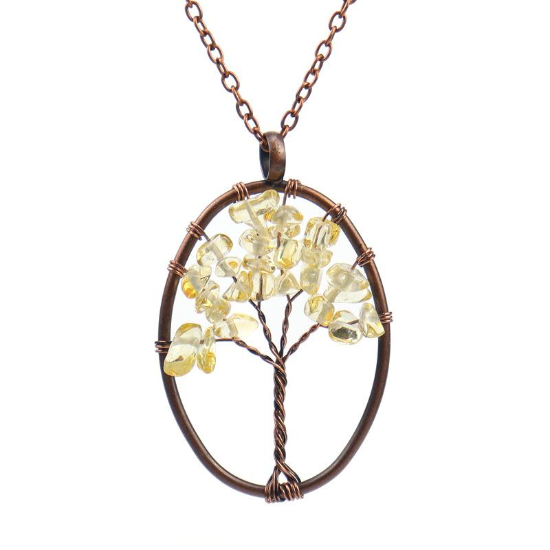 Vintage Handmade Wrapped Oval Tree Of Life Necklace Gravel Crystal Pendant Necklace N25 цитриновый