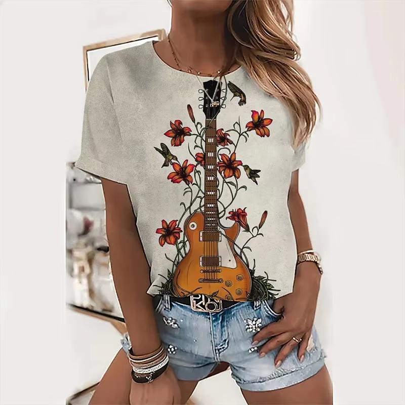 Summer Guitar Instrument Floral 3D Print T-Shirts Women Casual Short Sleeve Round Neck T Shirt Harajuku Tees Top Female Clothing