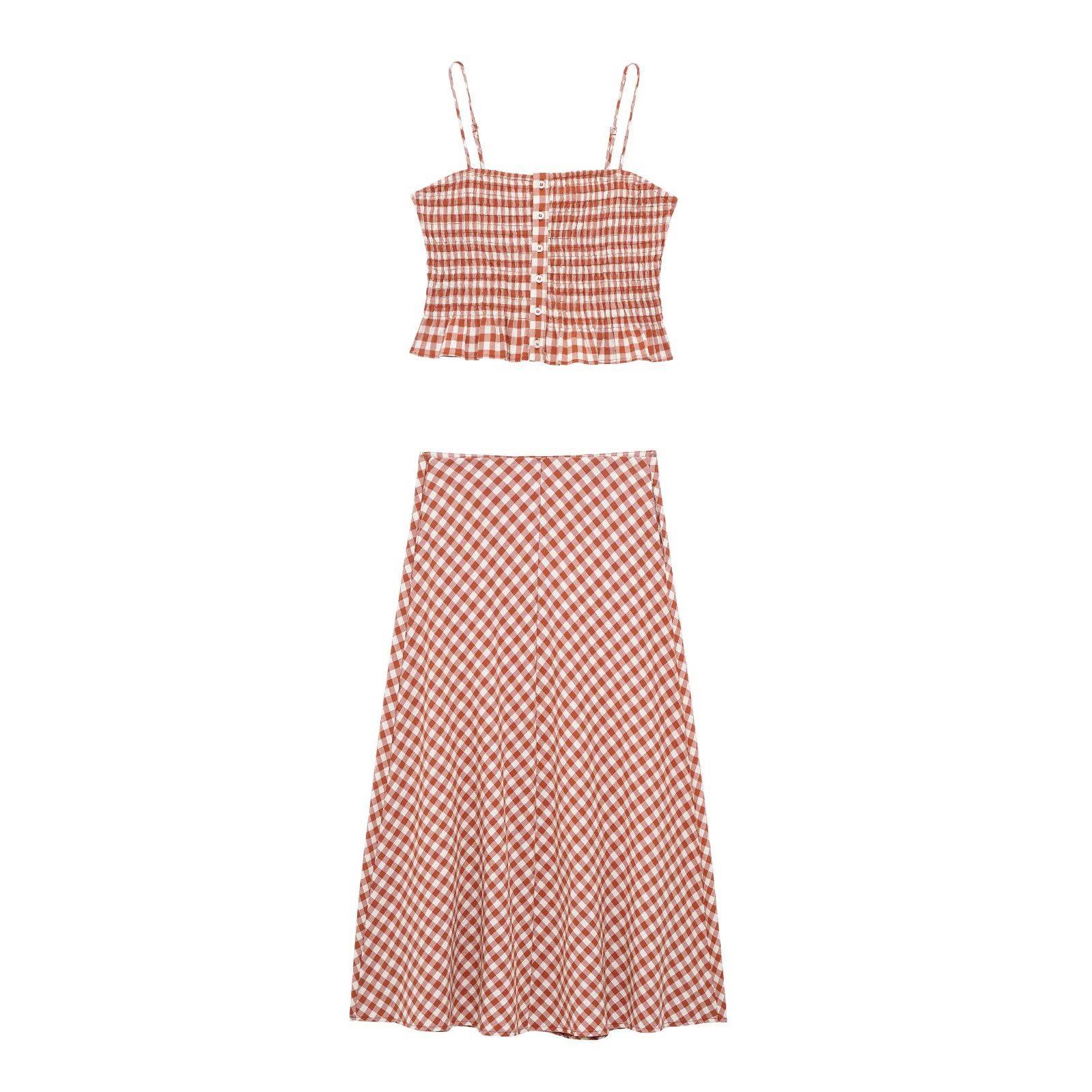 

TAOP&ZA Women s Summer Plaid Camisole & Midi Skirt Set XS