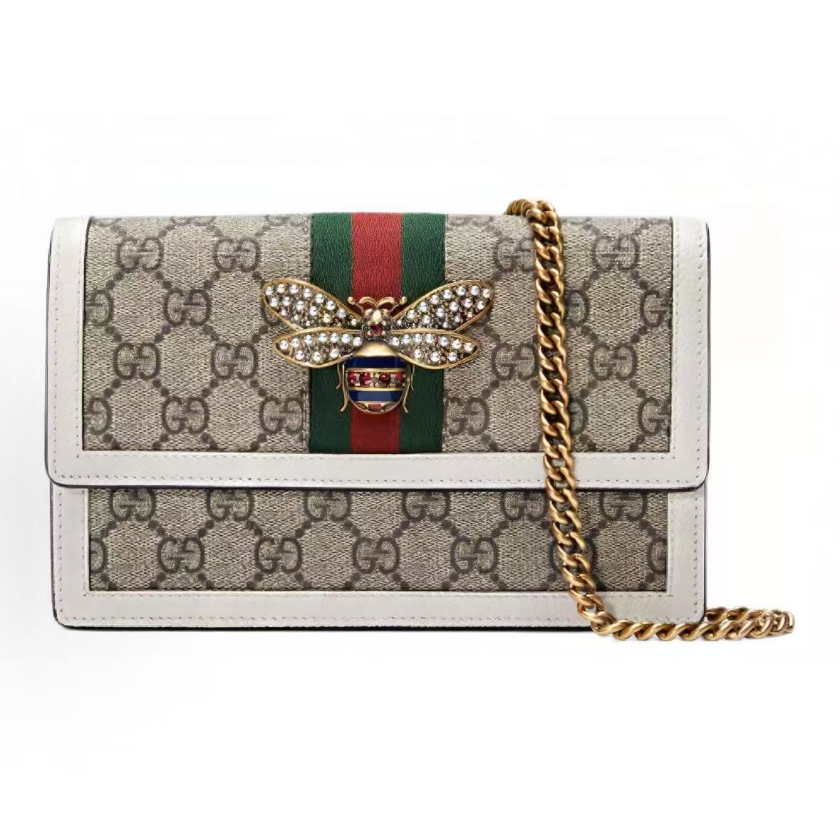 

Gucci Queen Margaret Металева Прикраса Бджола Старий Квітковий Логотип Смугаста Стрічка Ланцюг Полотняний Патчворк Шкіра Полотно Сумка Сумка-Месенджер Міні Жіноча Basic+Dust Bag білий/ебеновий