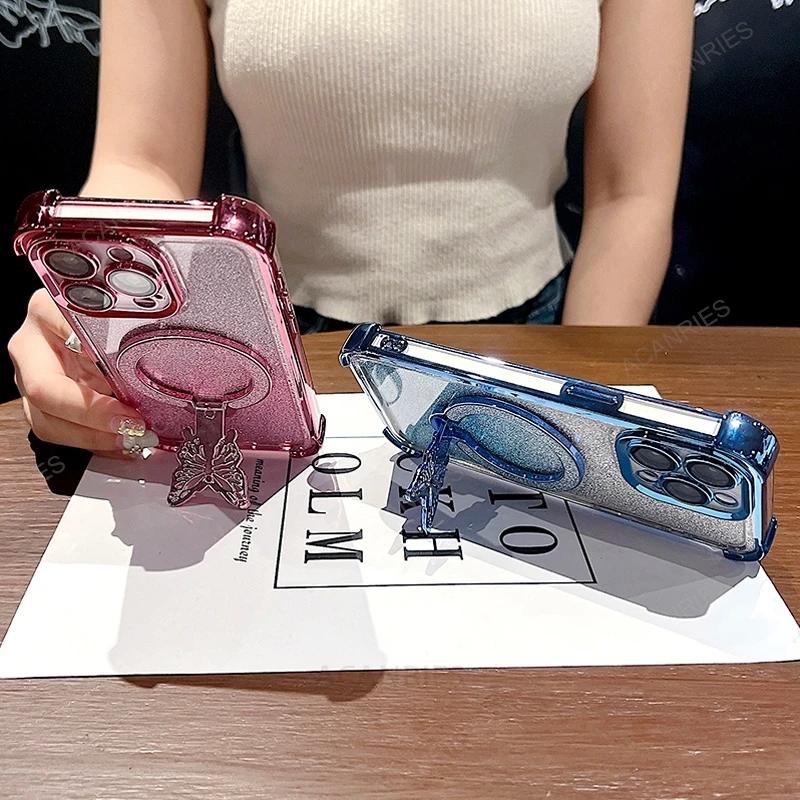 Glitter Butterfly Stand Phone Case for iPhone 17 Air 16 15 14 13 12 11 Pro Max 15 16 Plus Samsung S25 S24 23 S22 S21 Ultra Plus FE A17 A56 A36