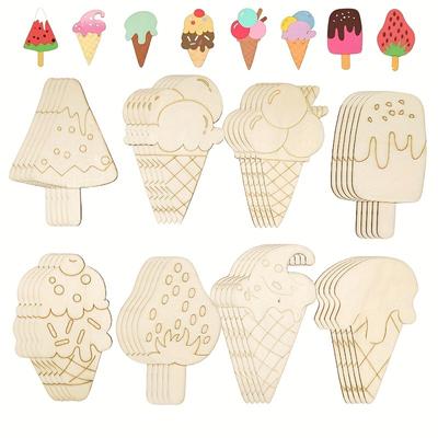 40pcs Blank Wooden Ice Cream Decorations - 8 Different Types of Hand Painted Summer Ice Cream Craft Decorations - Ideal for Home Parties and Wedding