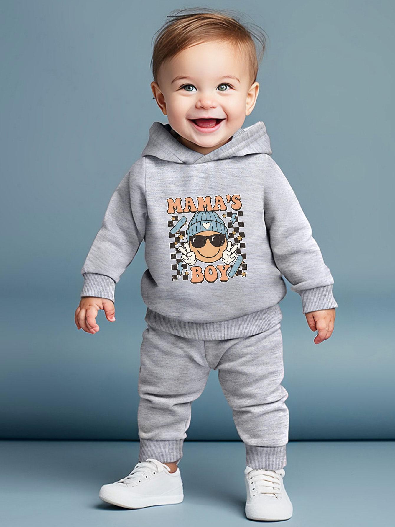 

Trendy Cartoon Printed Hooded Top Matched with Elastic Waist Cuffed Pants, Soft Cute Baby Boys Daily Outdoor Casual Two-Piece Outfit 6-9M серый