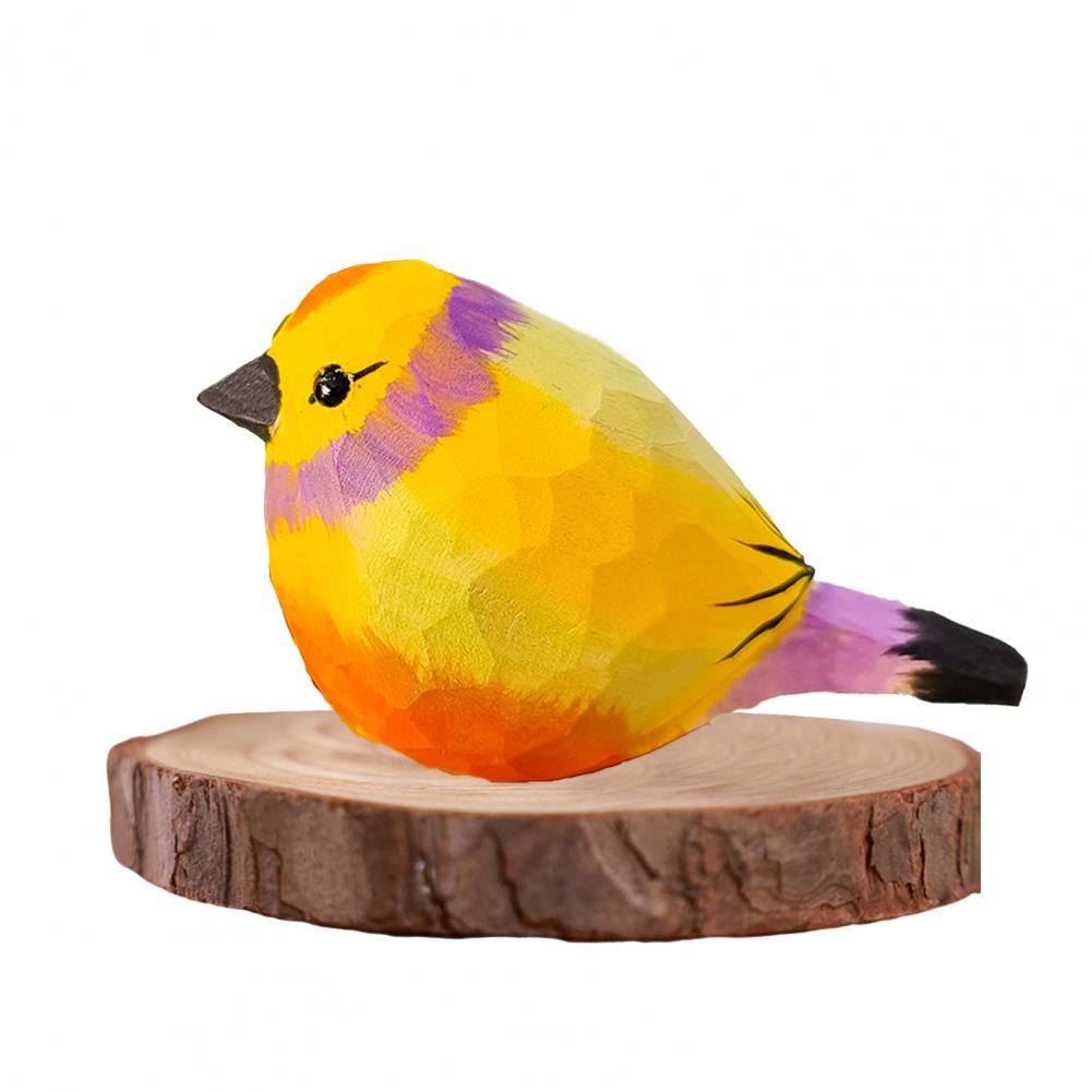 Colorful Fly Bird Sparrow Small Statue Figurine Ornament with Wood Base Art Bird Carving Decor Feather Animal Model Desktop
