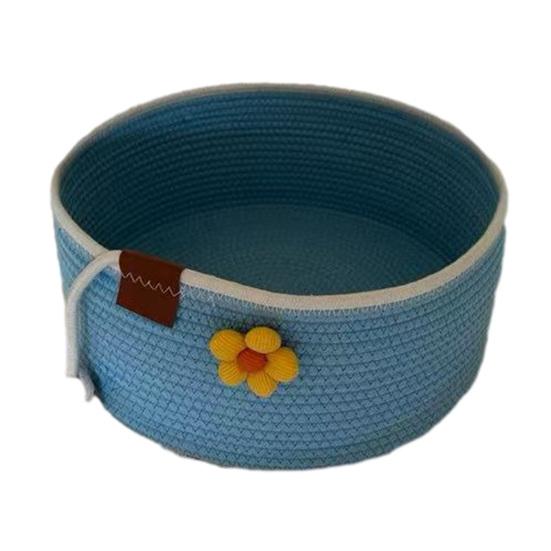 

Round Cat Bed Basket Cotton Rope Woven Pet Bed with Cute Flower Toy Ball Breathable Cat Basket for All Seasons S синий