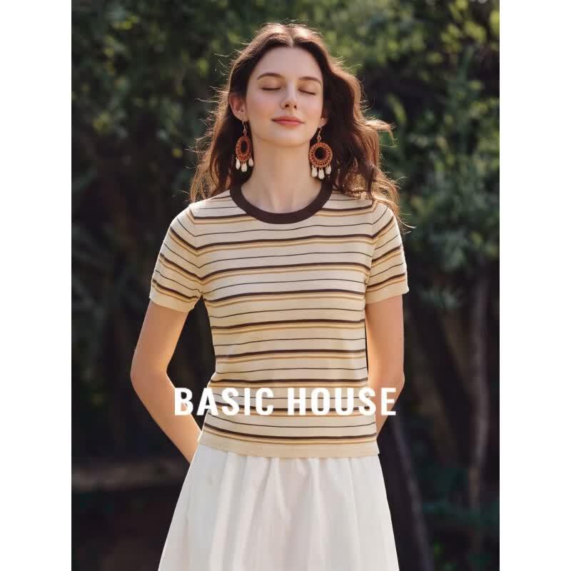 Basic House Women s Striped Color-Block Short-Sleeved Knit Top L