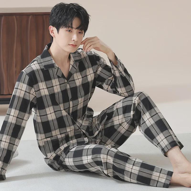 Men's 2024 Plaid Long-Sleeve Pajama Set – Oversized, Spring/Fall, Indoor/Outdoor Wear