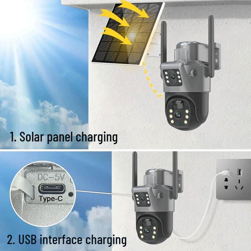 V380 Dual-Lens Wireless Solar Camera: Outdoor, Remote, Low-Power Surveillance