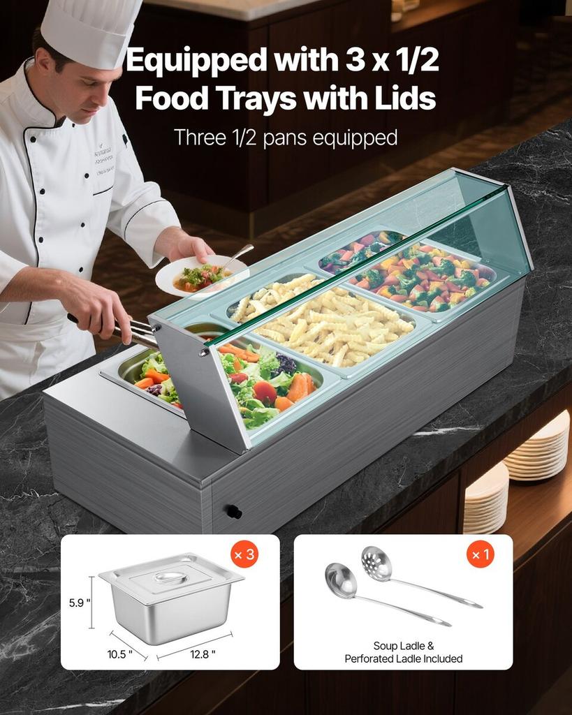 Commercial Food Warmer 3-Pan 1500W Buffet Bain Marie with Glass Cover