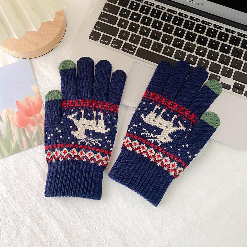 

Женские зимние термоперчатки для сенсорных экранов — трикотажные, с бархатной подкладкой, с жаккардовым узором в виде лося для езды на велосипеде на открытом воздухе. One Size синий