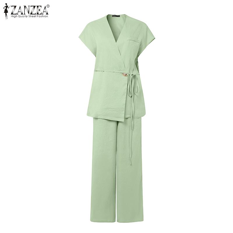 

ZANZEA Women Elegant Sets Sleeveless Front Cross Lace-up Tanks Long Trousers Casual Suits M
