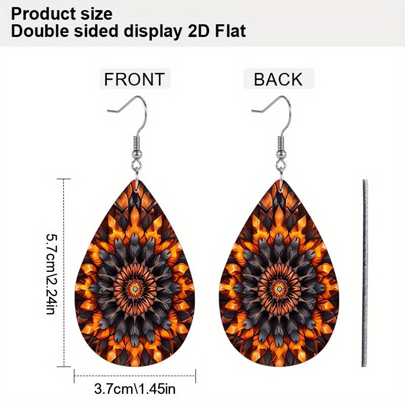 Charming Mandala Floral Black White PU Drop Dangle Earrings for women, Blue Orange Mandala Beach Theme Double Sided Hoop Earring