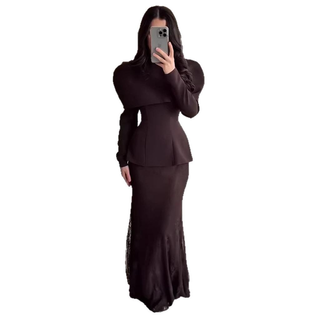 Cross-border European and American women's clothing Amazon slim-fit round neck long-sleeved waist commuting temperament straight skirt set