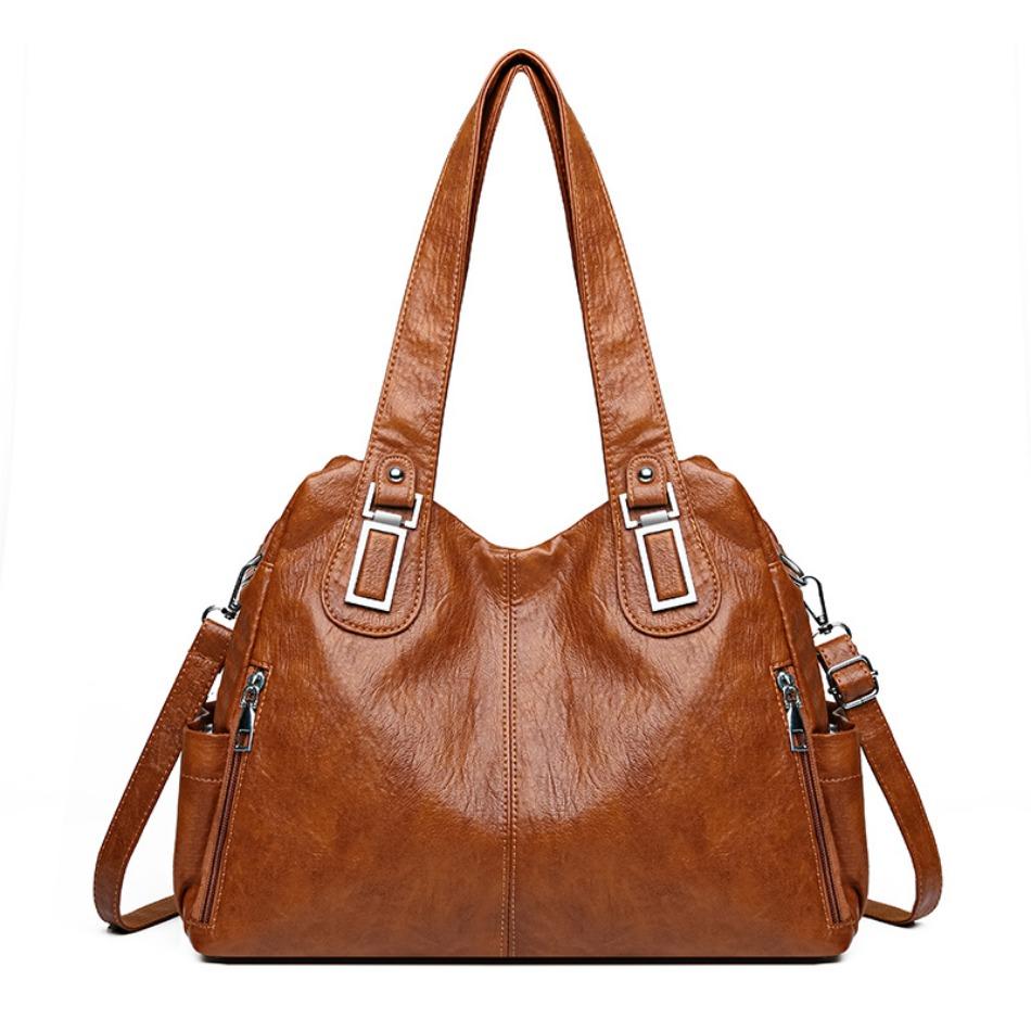 Solid Color Shoulder Bag For Women High-Quality Soft Leather Casual Tote Bag Ladies Vintage Crossbody Messenger Handbag