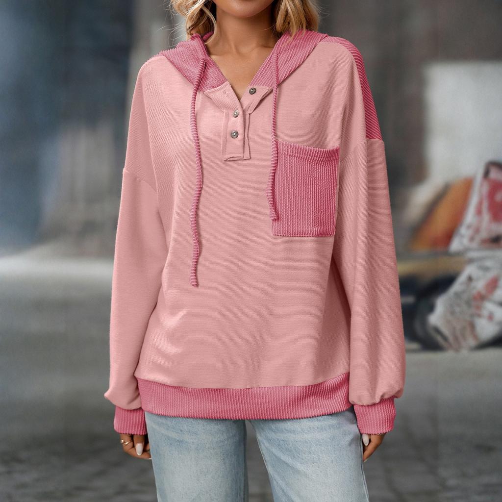 Women's Fashion Color Blocked Long Sleeved Button Hoodie Top