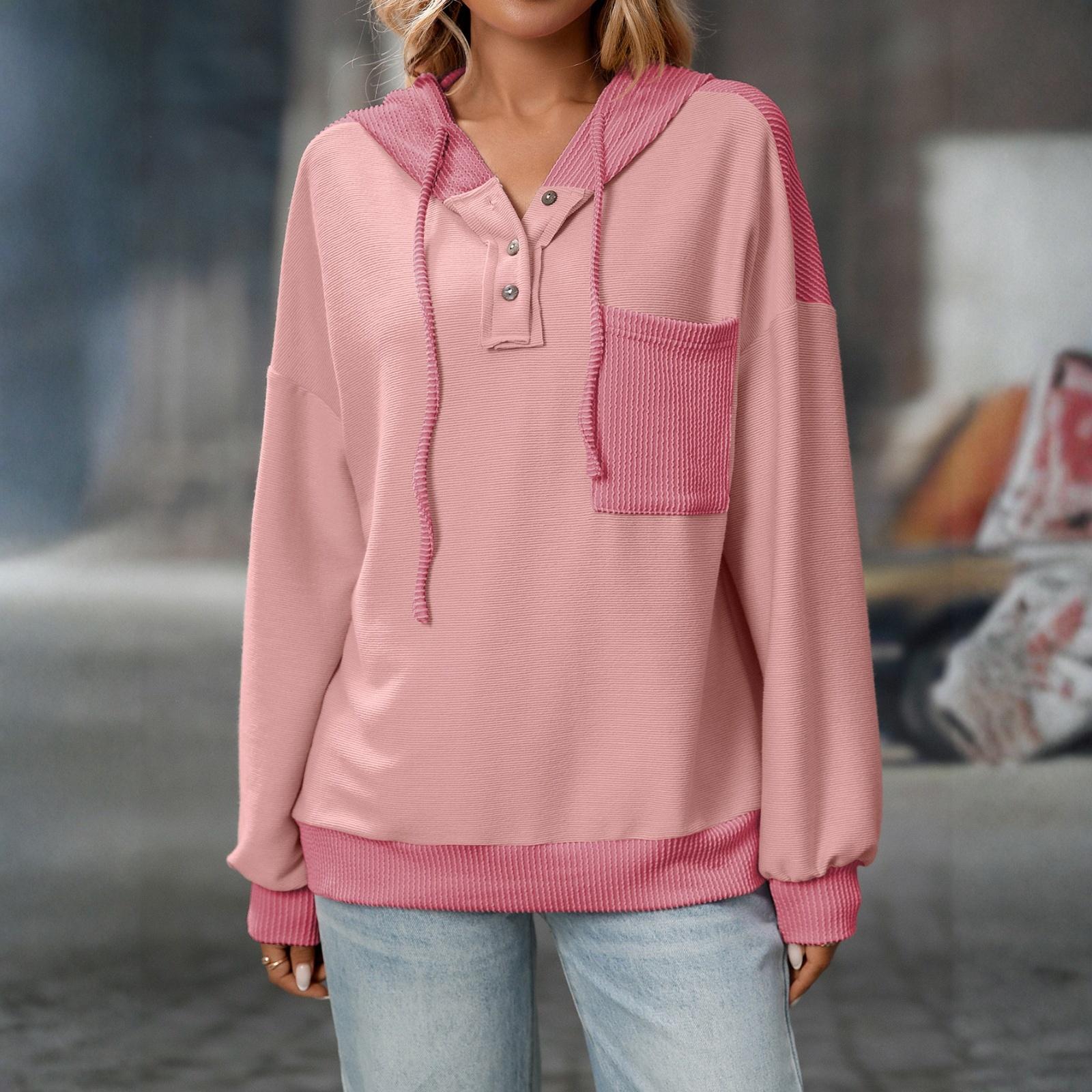 

Женский модный худи с длинными рукавами и пуговицами, в стиле колор-блок XL розовый