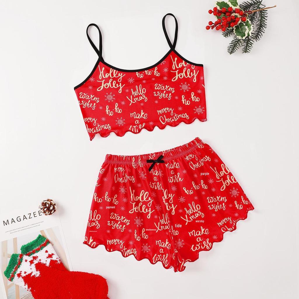 Christmas Style Sleeveless Milk Silk Pajama Set - Comfortable and Casual Two-Piece Homewear