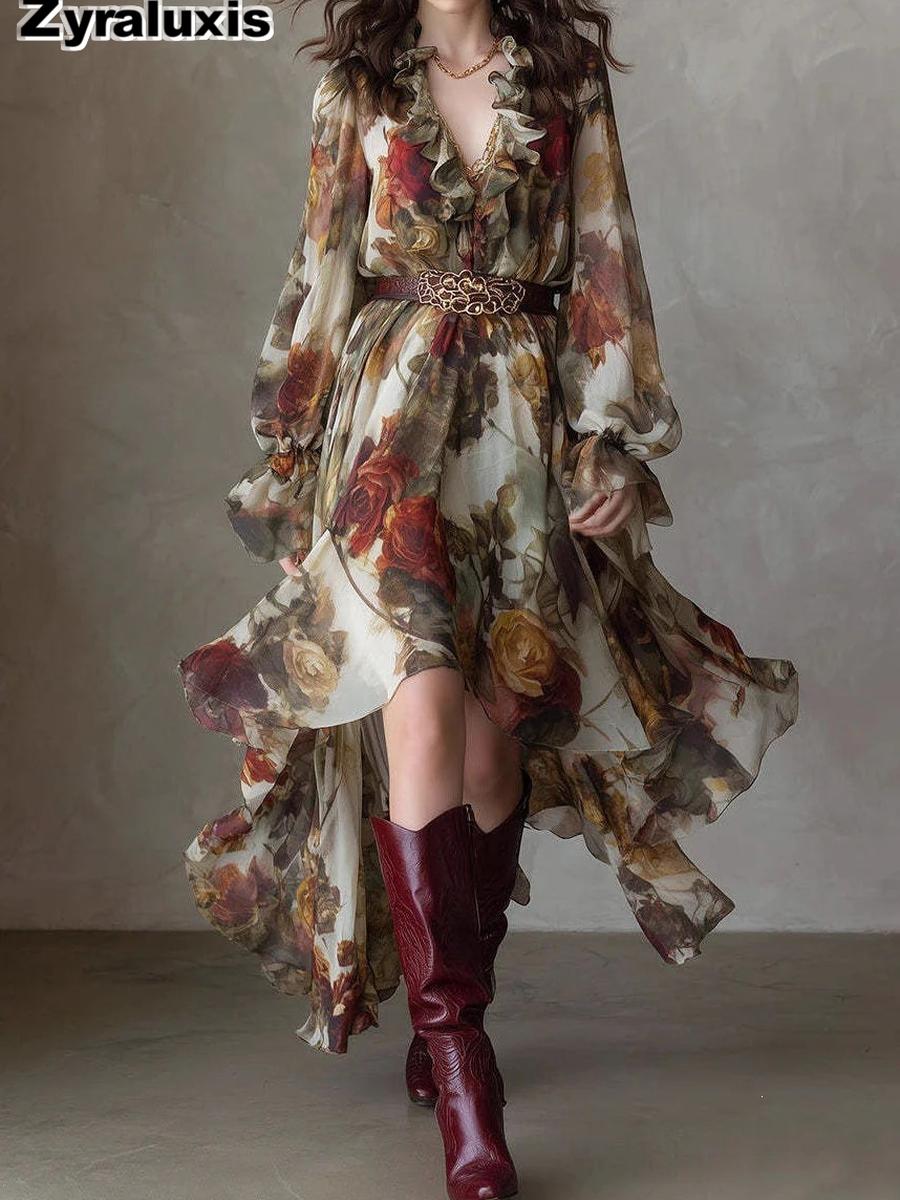 Vintage Rose Print Flounced V-Neck Long Sleeve Ruched Sheath Asymmetrical Chiffon Dress S