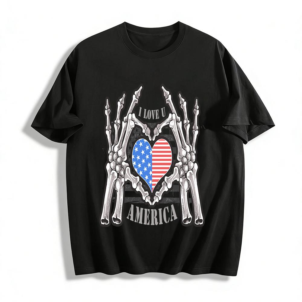Skeleton Hands Heart US Flag Print Tshirt I Love America Casual Top Pure cotton T-shirt XXS