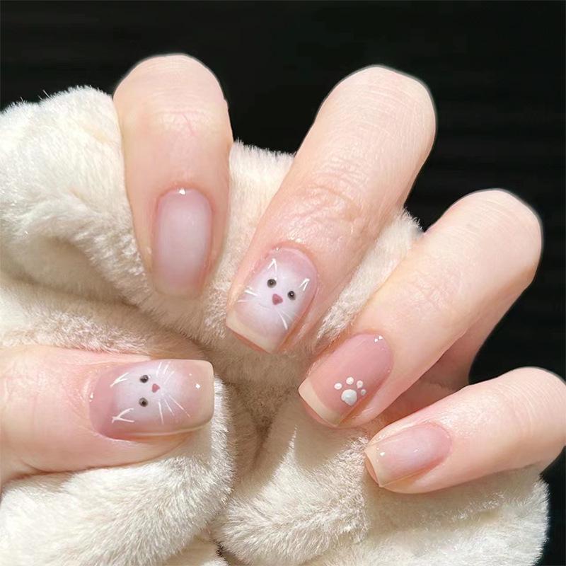 

24-Piece Ombre Kitten Nail Art Set: Cute Cat Paw False Nails