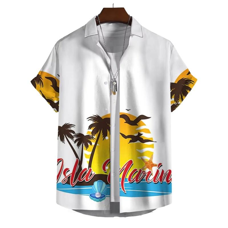 Camisa havaiana masculina com estampa de sol e coqueiro, camisa de praia com estampa 3D do Havaí, camisa de rua casual de verão de manga curta