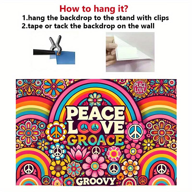 1 Wall Banner - Colorful Hippie Art Style with Flowers Rainbow and "PEACE • LOVE • GROOVY" Design