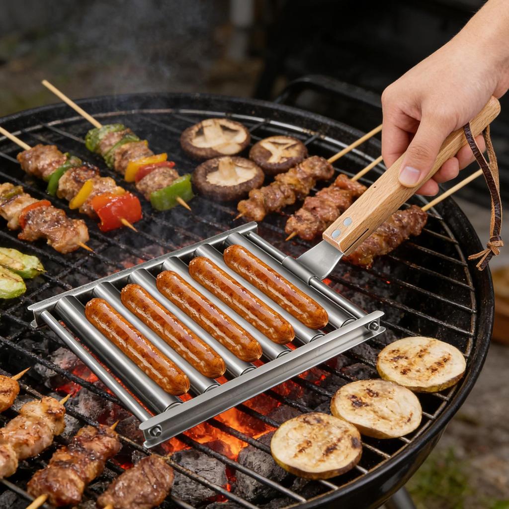 Hot Dog Grillrolle Edelstahl Lebensmittelqualität Gestell Hot Dog Wurst Grillrolle für Außen Garten Hof Picknick Camping Party