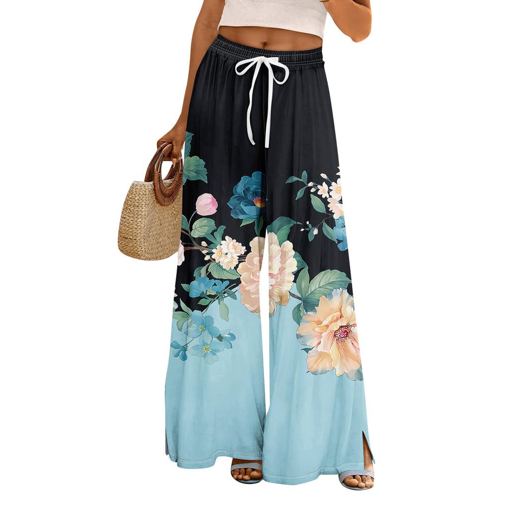 Women Summer Boho Palazzo Pants High Waist Wide Leg Rinting Casual Trousers With Pockets