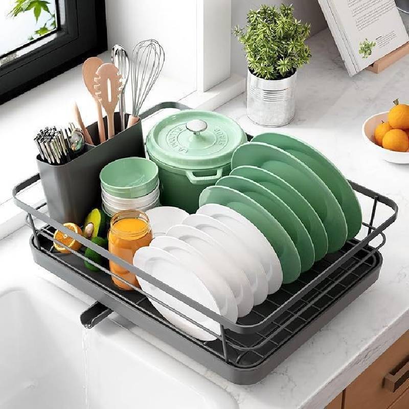 Modern Minimalist Water Drainage Dish Rack With Divided Storage For Kitchen Countertop Use