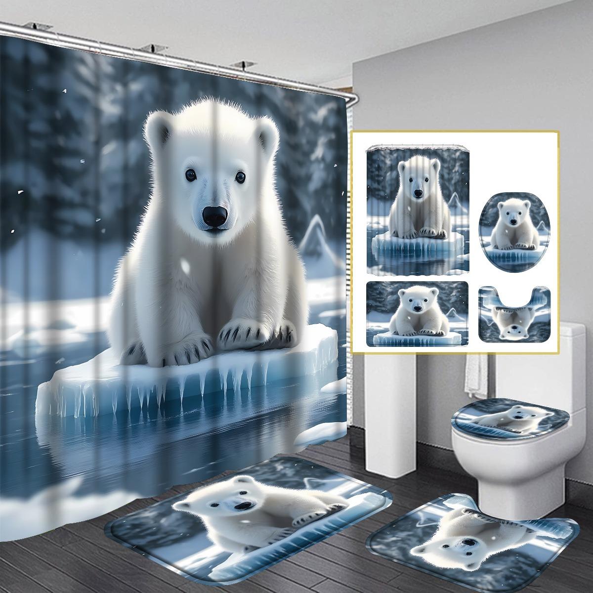 

Набор из 4 предметов: занавеска для душа для ванной комнаты с крутым узором белого медведя, занавеска для ванной комнаты с 12 крючками, противоскользящие коврики, коврик для крышки унитаза, перегородка для ванной комнаты 180X180cm