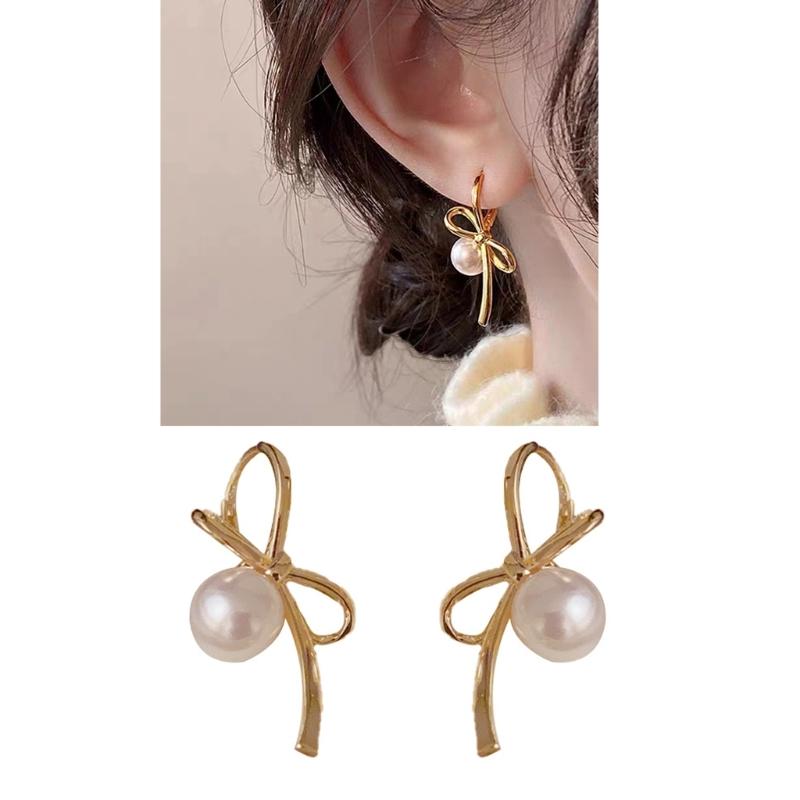 Elegant Butterfly Knot Earring Stylish Asymmetric Pearl Ear Piercing Ear Pendant Jewelry Ear Buckle Jewelry Accessories