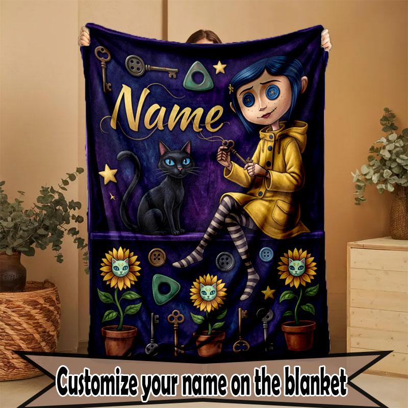 Custom Name Personalized Coraline Print Blanket, Home Decor, Bedroom, Sofa, Camping, Couch, Gifts for Birthday Christmas