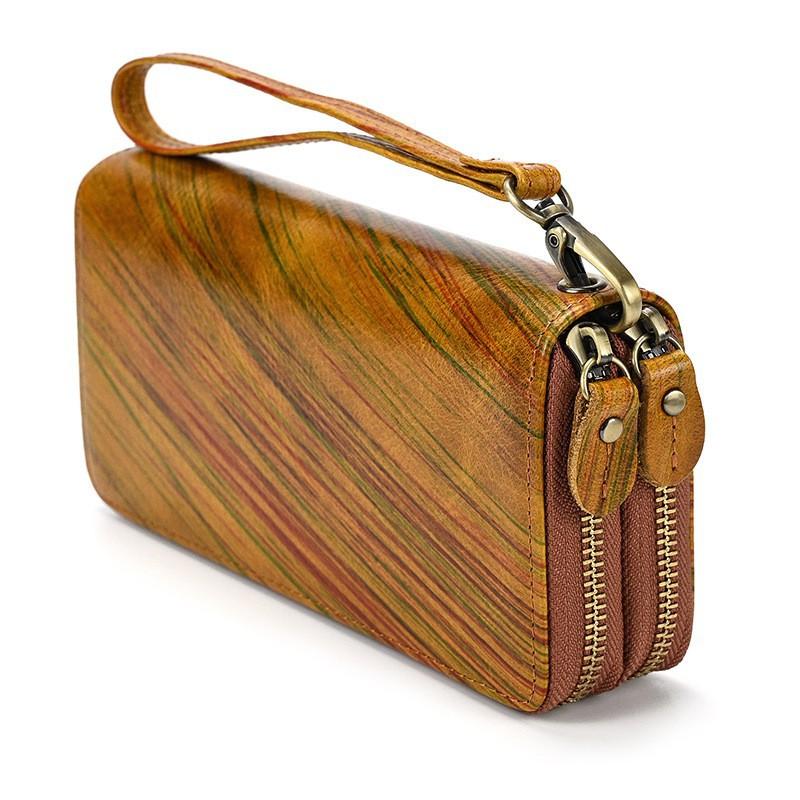 Men's Crazy Horse Leather Long Wallet Genuine Double Zipper Multi-Card Cowhide Clutch Large Capacity Phone Bag