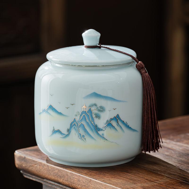 Shanshui Tea Caddy Ceramic Candy Jar Retro Household Large Nuts Coffee Beans Herb Storage Jar Kitchen Food Container Home Decor