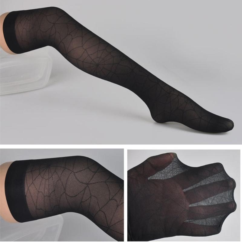 Women Gothic Hollowed Fishnet Pantyhose Tights Halloween Spider Web Jacquard Thigh High Stockings Cosplay Leggings