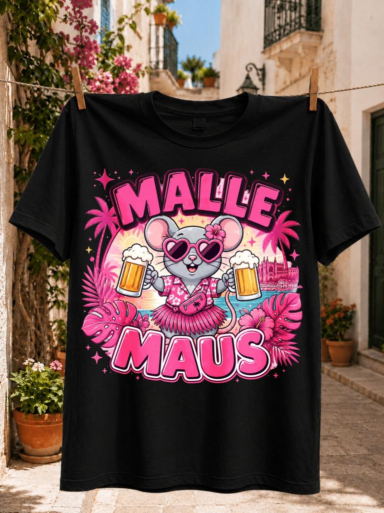 Malle Maus Pink Tropical Mouse Graphic cute mouse in heart and a hula skirt holding two foamy beer Unisex All TShirt